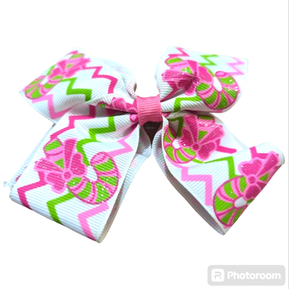 Pink and Green Candy Cane Hair Bow Clip
